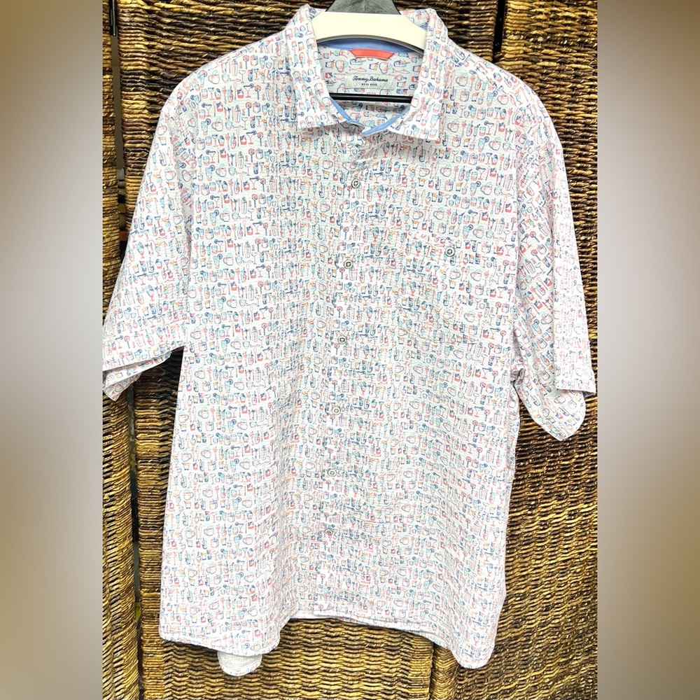 Tommy Bahama-‎ Nova Wave-White Short-Sleeve Button-Down w/Red & Blue Print-XXXL